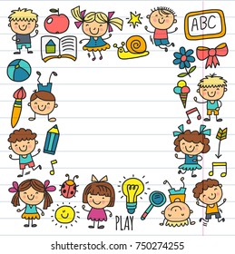 Kids drawing Kindergarten School Happy children play Illustration for kids Nursery Preschool Children icon