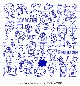 Kids drawing Kindergarten School Happy children play Illustration for kids Nursery Preschool Children icon