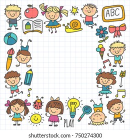 Kids drawing Kindergarten School Happy children play Illustration for kids Nursery Preschool Children icon