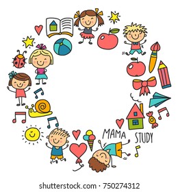 Kids drawing Kindergarten School Happy children play Illustration for kids Nursery Preschool Children icon