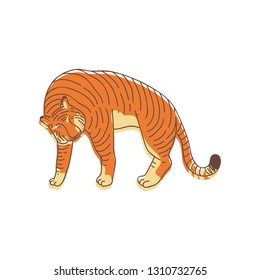 Kids drawing of large tiger. Predatory cat with orange striped coat. Wild animal. Hand drawn vector design