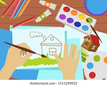 Kids Drawing Lesson Work Process, Top View, Art Studio Banner, Workshop for Kids Vector Illustration