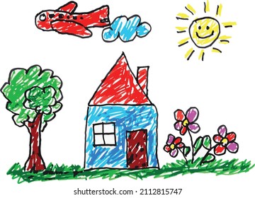 Kids drawing. Drawing made by a child. Children's illustration of a house. It has a garden with colorful flowers, grass and a tree. A sky with clouds, a plane and a smiling sun.