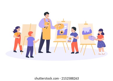 Niños dibujando comestibles en ilustraciones vectoriales planas de clase de arte. Niños felices pintando lienzos con un maestro, sosteniendo paletas y pinceles. Lección, hobby, concepto de arte