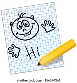 Kids drawing on a sheet of notebook - funny little face and the words hi 