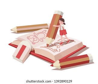 Kids drawing with pencil color on a book, Vector