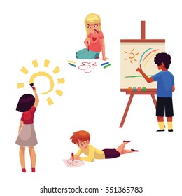 Kids drawing with pencils, crayons, paints, fingers, cartoon vector illustration isolated on white background. Set of kids, boys and girls, drawing in different positions - standing, sitting, lying