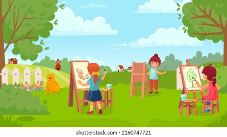 Kids drawing picture in garden, art class. Vector kindergarten drawing, girl and boy at school creativity, creative picture by character kinder illustration