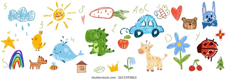 Kids drawing set. Colorful childrens scribbles with dinosaur, car, sun, animals and flowers with realistic pencil texture. Hand drawn doodle vector illustration collection isolated on background