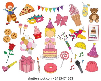 kids drawing set of The daily routine of Set of cute girl Celebration Happy Birthday Party Isolated vector icon in doodle style