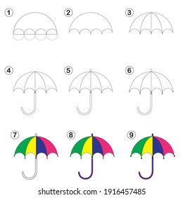 Kids drawing skill and coloring activity an Ambrella step by step. Drawing Book Interior for Kids Low Content Books - KDP