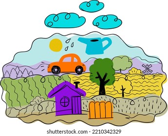 Kids drawing style car and house. Kindergarten poster. Vector illustration. Kids art.