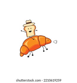 Kids drawing style funny cowboy bread toast riding croissant horse in a cartoon style