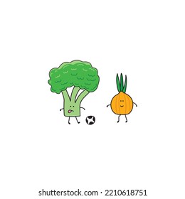 Kids Drawing Style Funny Cute Vegetables Broccoli And Onion Playing Soccer In A Cartoon Style