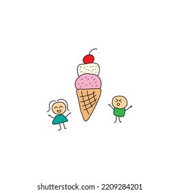 Kids drawing style , Funny hand drawn symbol vector texture. Fruits, ice cream, Doodle cartoon