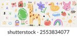 Kids drawing style vector illustration set. Children color pencil naive doodles, cute cartoon elements. Kindergarten funny wax crayon sketch or chalk, giraffe, duck, house, rainbow, flowers, butterfly