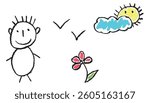 Kids drawing style vector illustration of a cute smiling stick figure with a flower and a sun hidden behind a cloud, featuring a crayon or pastel texture, for children