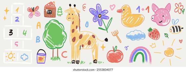 Kids drawing style vector illustration set. Children color pencil naive doodles, cute cartoon elements. Kindergarten funny wax crayon sketch or chalk, giraffe, duck, house, rainbow, flowers, butterfly