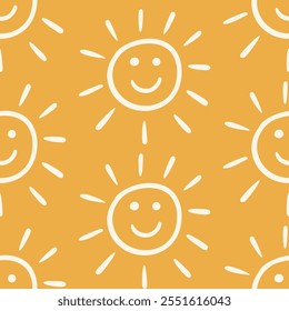Kids Drawing Sun Happy Faces Symbols Seamless Pattern Background Texture. Hand drawn Fun Ornament Sunshine Wallpaper, Textile Print Design Vector Illustration, Vintage Retro Style