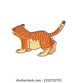 Kids drawing of tiger, back view. Wild animal with orange striped coat. Wildlife theme. Hand drawn vector design