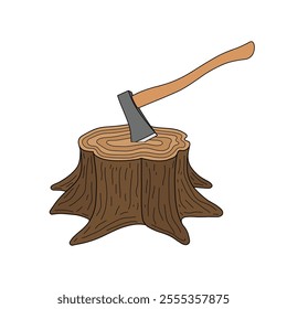 kids drawing tree stump with axe cartoon isolated