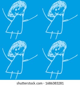 Dibujo infantil. Fondo vectorial. Patrón de mamá. Caricatura. Juega a chica. Pintura de cirayón. Es una chica.Tarjeta de vacaciones. Tejido para niños. Bebé artístico fondo. Feliz niñez.