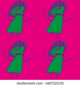 Kid's drawing. Vector background. Mom pattern. Cartoon character. School girl. Crayon painting. It's a girl. Holiday card. Fabric for kids. Baby art backdrop. Happy childhood.