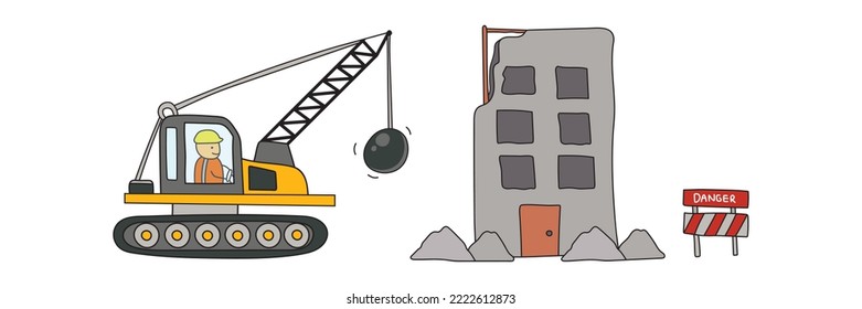 Kids drawing vector Illustration of construction site with demolition truck and wrecked building in a cartoon style
