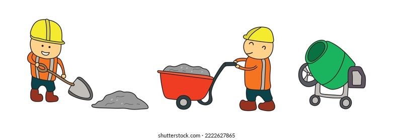 Vector de dibujo infantil Ilustración de trabajadores de la construcción preparando hormigón con mezclador de cemento en un estilo de caricatura