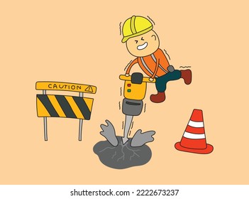 Kids drawing vector Illustration of funny construction worker drilling road with jackhammer in a cartoon style isolated background