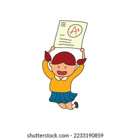 kids drawing Vector illustration of a happy school girl get an excellent grade