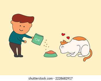 kids drawing Vector illustration of kid feeding a cute cat