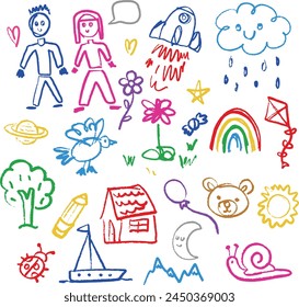 Kids drawing vector 
illustration, kindergarten cute fun hand drawn doodles children playful drawings 