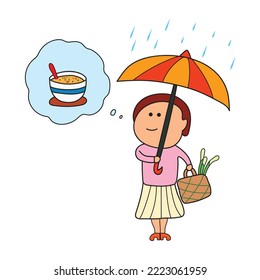 Kids drawing vector Illustration of a lady with an umbrella on a rainy day thinking about warm soup in a cartoon style.