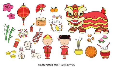 Kids drawing vector Illustration set of Chinese New Year 2023 and cute rabbit for chinese rabbit year