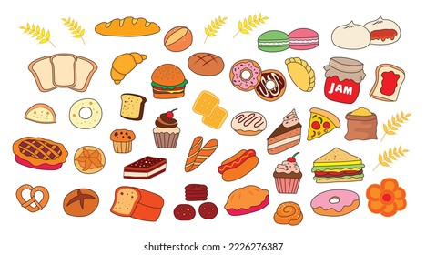Kids drawing vector Illustration set of bakery bread