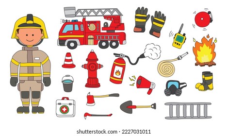 
kids drawing vector illustration set of fireman firefighter supplies and equipment with firetruck