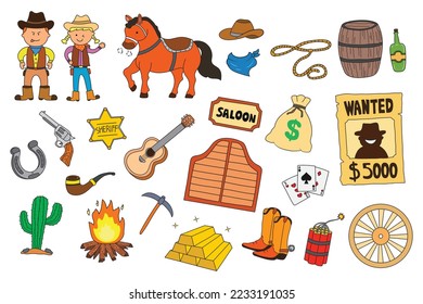 dibujo infantil Conjunto de ilustraciones vectoriales de elementos salvajes del oeste incluyendo afiche de caballo y buscado con un vaquero