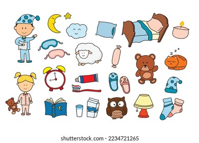 kids drawing Vector illustration set of sleep time,bed time icon in doodle style