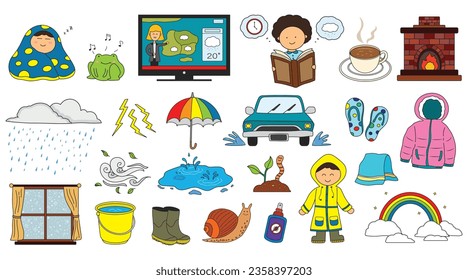 kids drawing Vector illustration set of rainy days, rainy season icon in doodle style Isolated on White Background