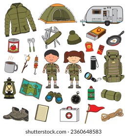 kids drawing Vector illustration set camping icon in doodle style