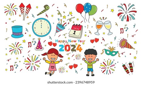 Kids drawing vector Illustration set of Happy New Year 2024 in a cartoon style Isolated on White Background