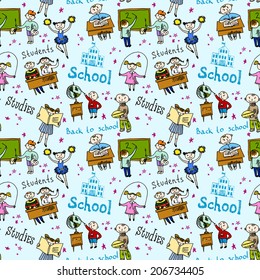 Kids drawing and writing formulas on chalkboard with school accessories background seamless doodle sketch pattern vector illustration