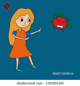 A kids drawing of a young girl fighting the covid-19 virus bravely. Vector illustration concept