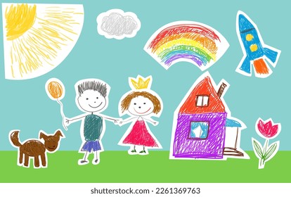 Kids drawings. Boy and girl on the summer lawn near the house.