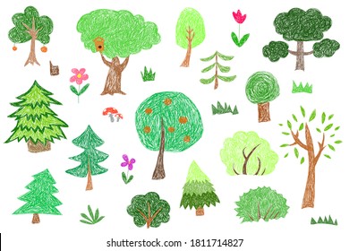 Kids drawings. Children's drawing of trees and bushes