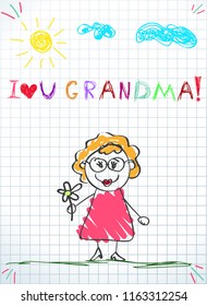 Kids drawings. Colorful pencil hand drawing vector illustration of grandmother holding flower on squared notebook sheet background. I love you grandma inscription.