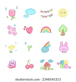 kids drawings with crayon. Kids doodle drawing, children crayon drawing and hand drawn kid flowers, rainbow, love, rabbit, home, and toys pastel pencil doodle vector illustration