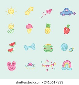 kids drawings with crayon. Kids doodle drawing, children crayon drawing and hand drawn kid fruits, ice cream, love, rabbit, rainbow, and sun pastel pencil doodle vector illustration