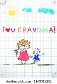 Kids drawings of happy family. Colorful pencil hand drawn vector illustration of grandmother and grandchild holding hands together on squared notebook sheet background. I love you grandma inscription.